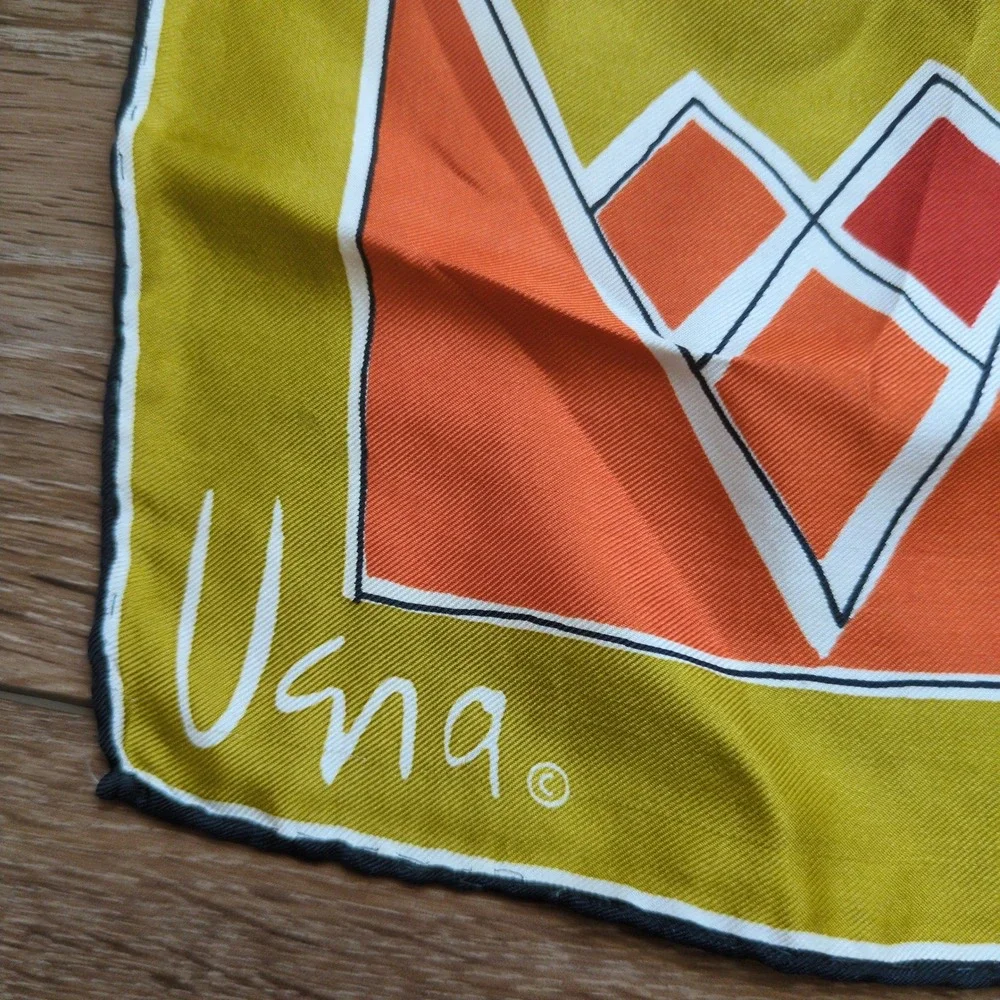 Vtg Vera Neumann Geometric Silk Scarf Retro Yellow Orange Brown Logo MCM Modern